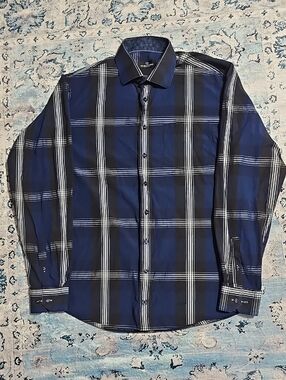 Bugatchi Navy and Black Plaid Long-Sleeve Dress Shirt‎